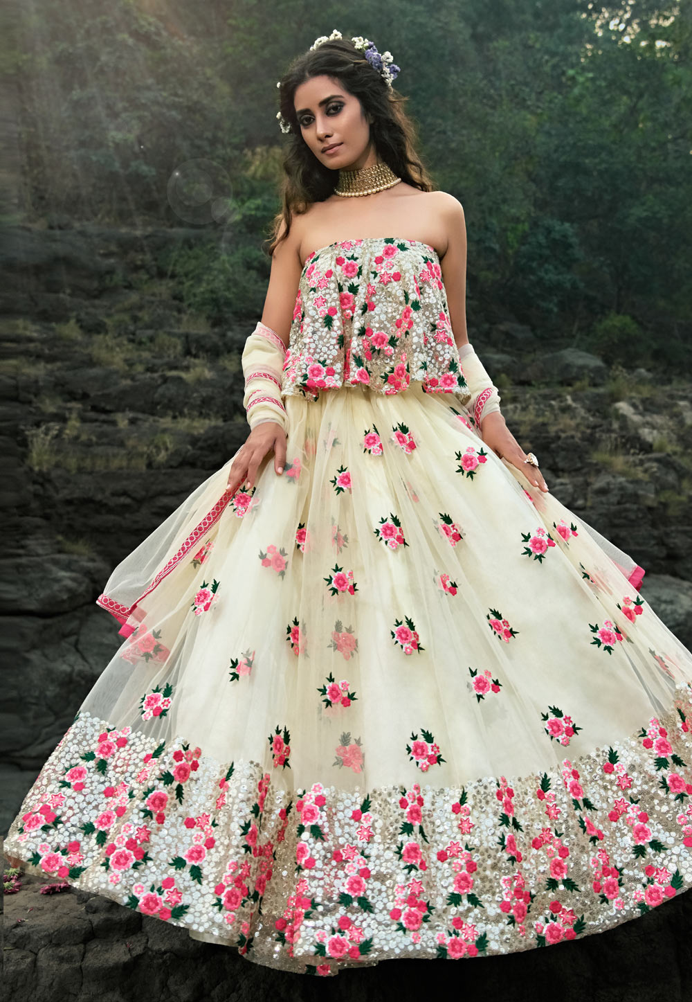 Off White Net Circular Lehenga Choli 206770