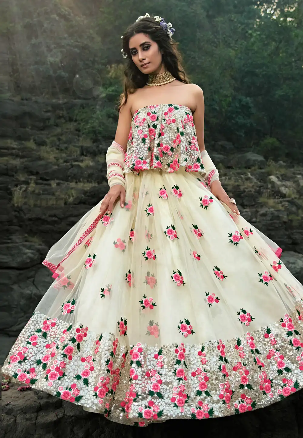Off White Net Circular Lehenga Choli 206770