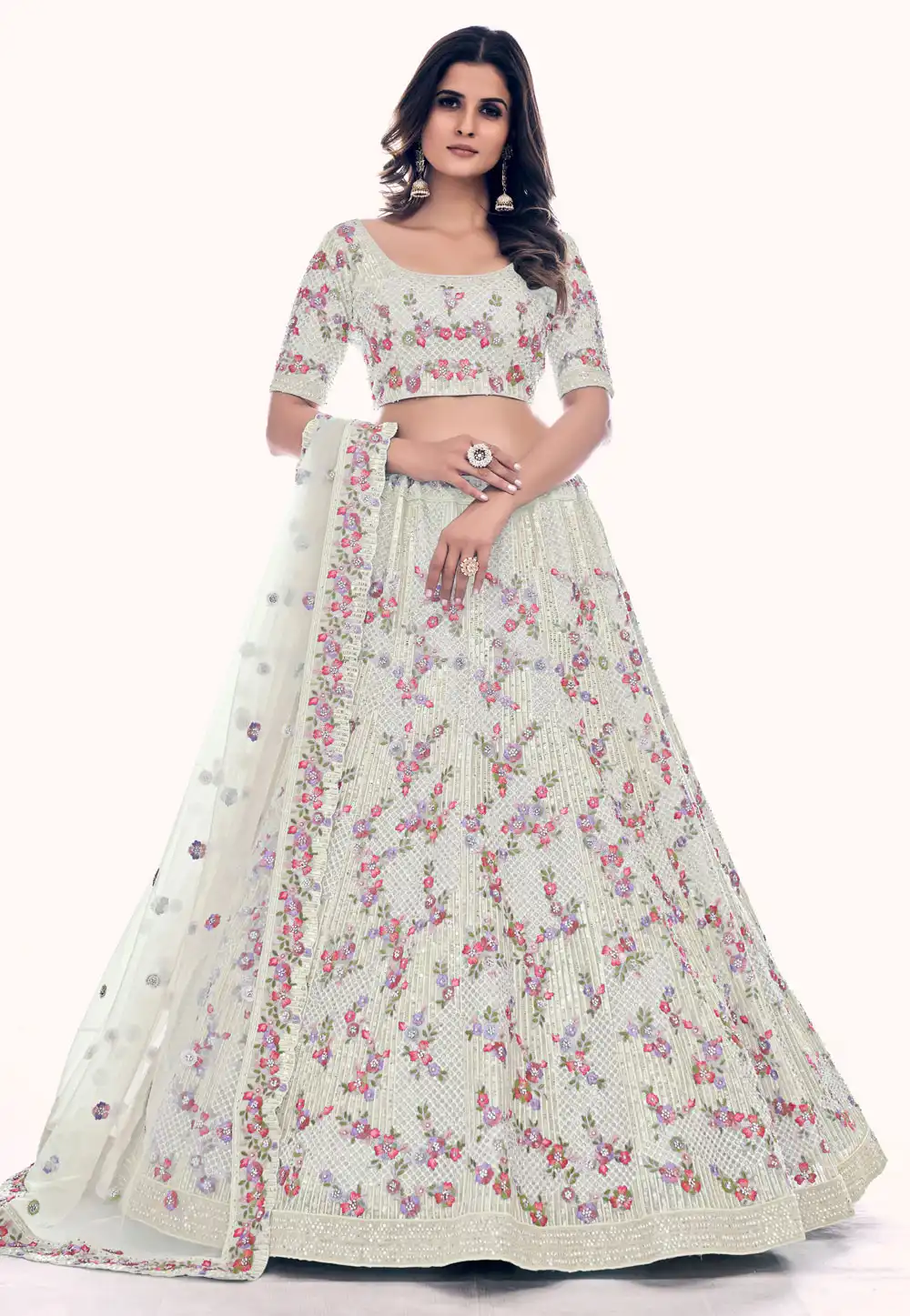 Off White Soft Net Circular Lehenga Choli 261946