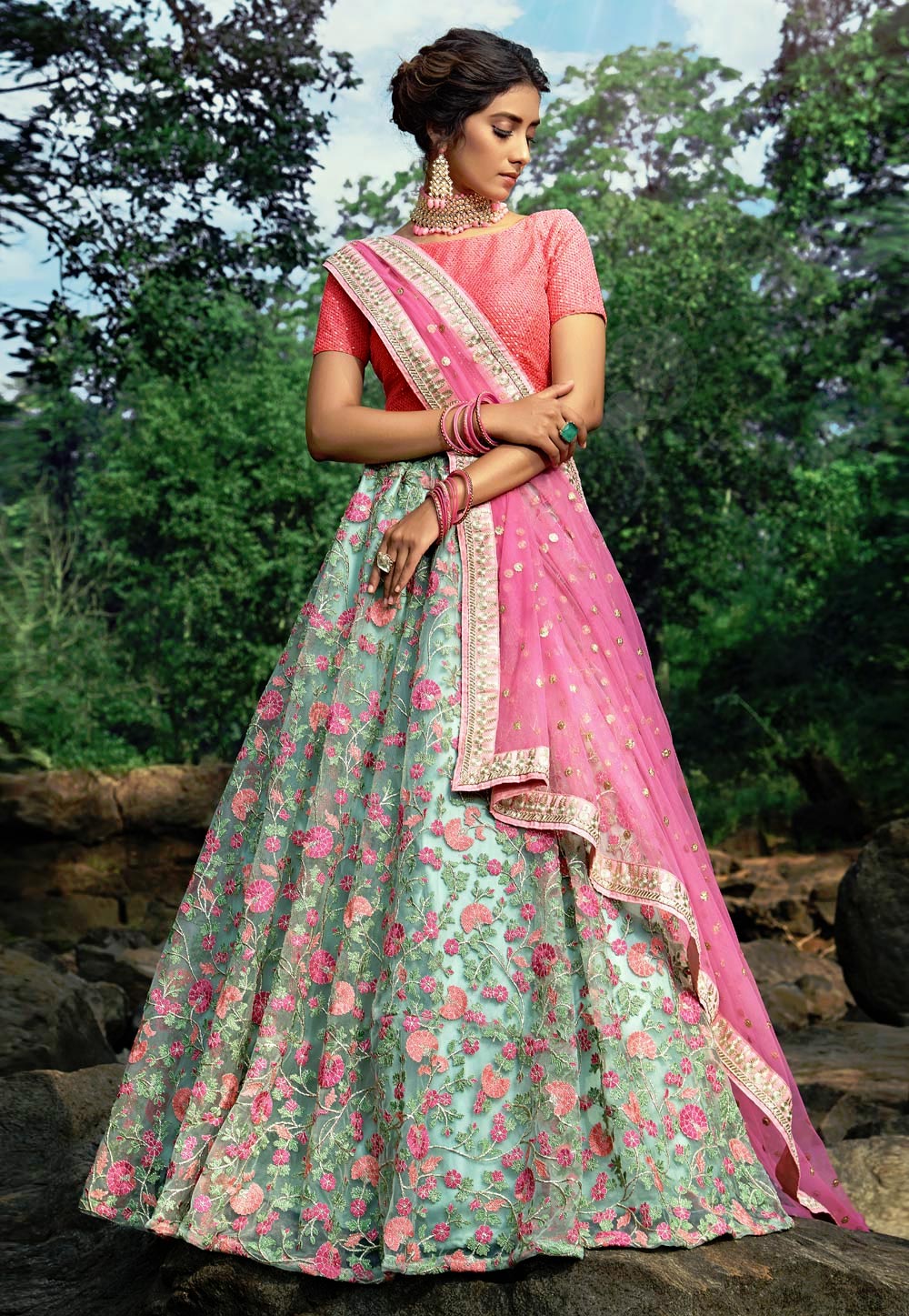Sea Green Net Circular Lehenga Choli 206771