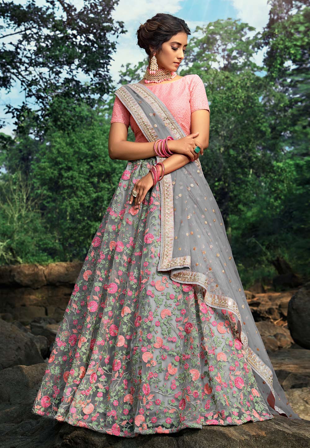 Grey Net Circular Lehenga Choli 206772