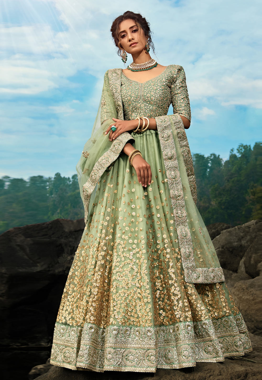 Light Green Net Circular Lehenga Choli 206774