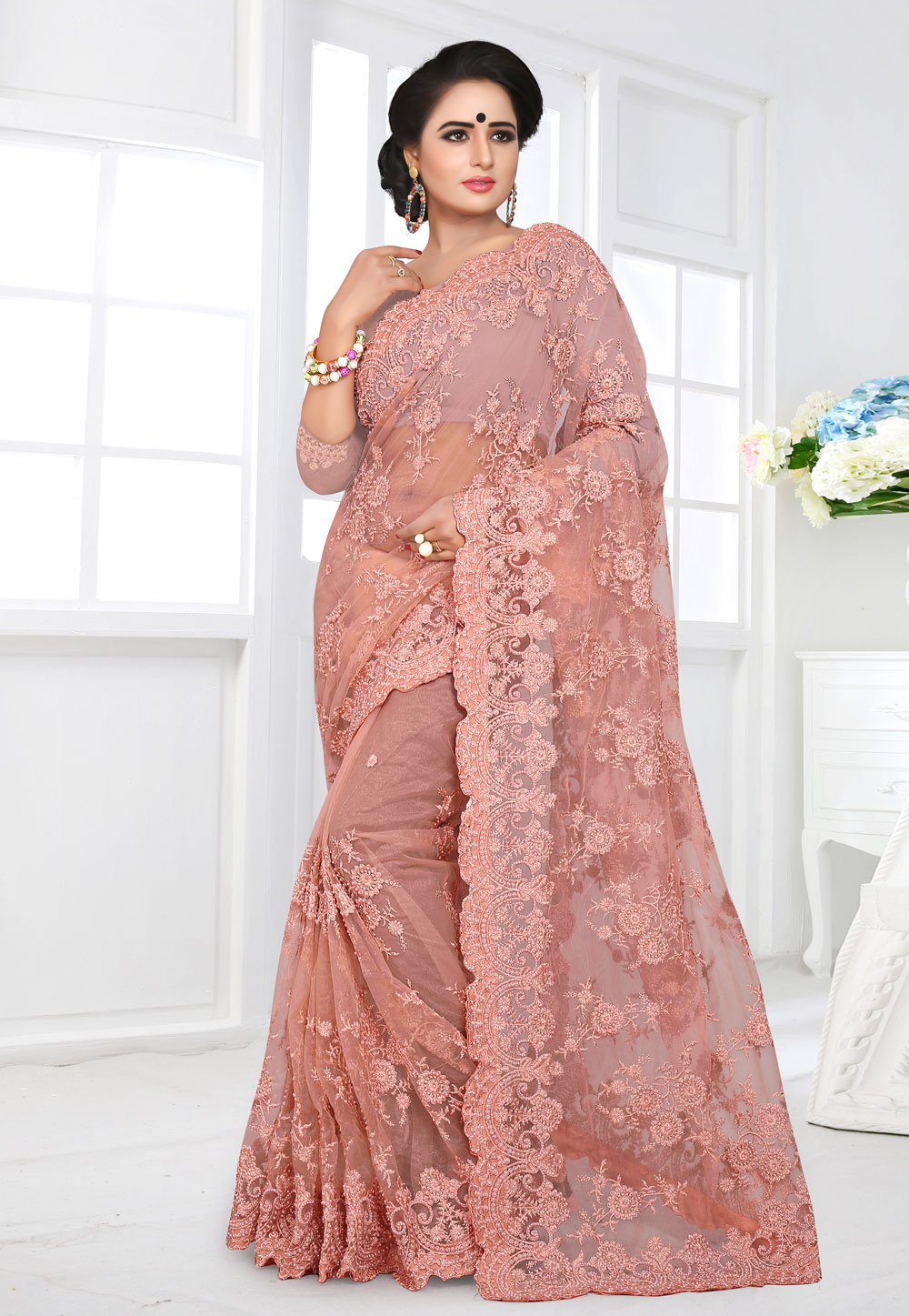 Pink Net Festival Wear Saree 155167