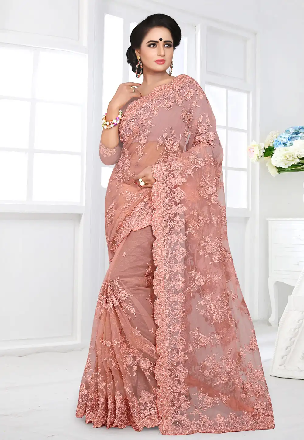 Pink Net Festival Wear Saree 155167