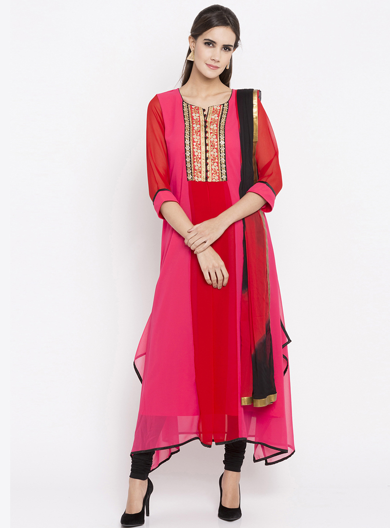 Pink Faux Georgette Readymade Anarkali Suit 135162