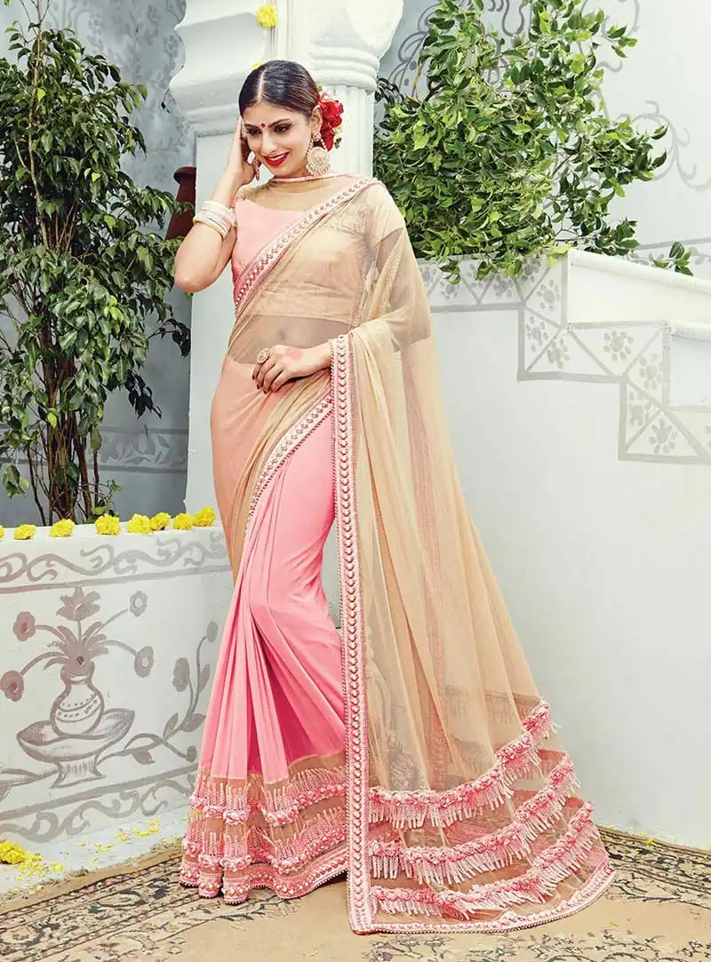 Beige Lycra Half and Half Saree 78203