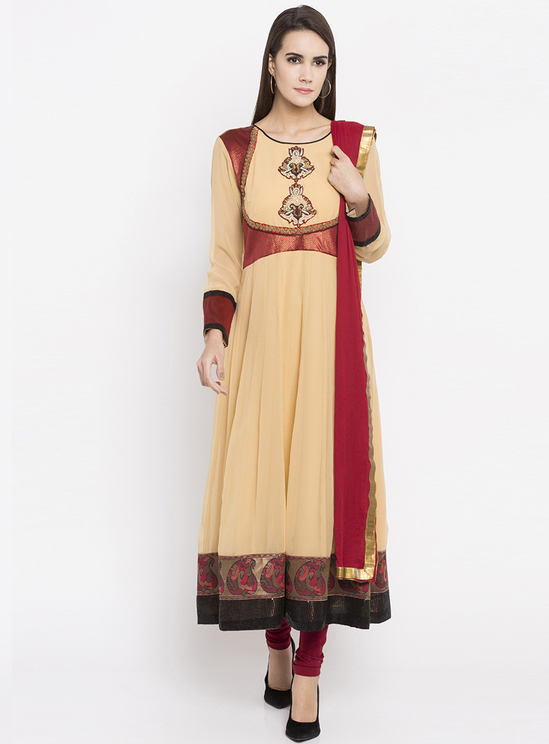 Beige Faux Georgette Readymade Anarkali Suit 135173