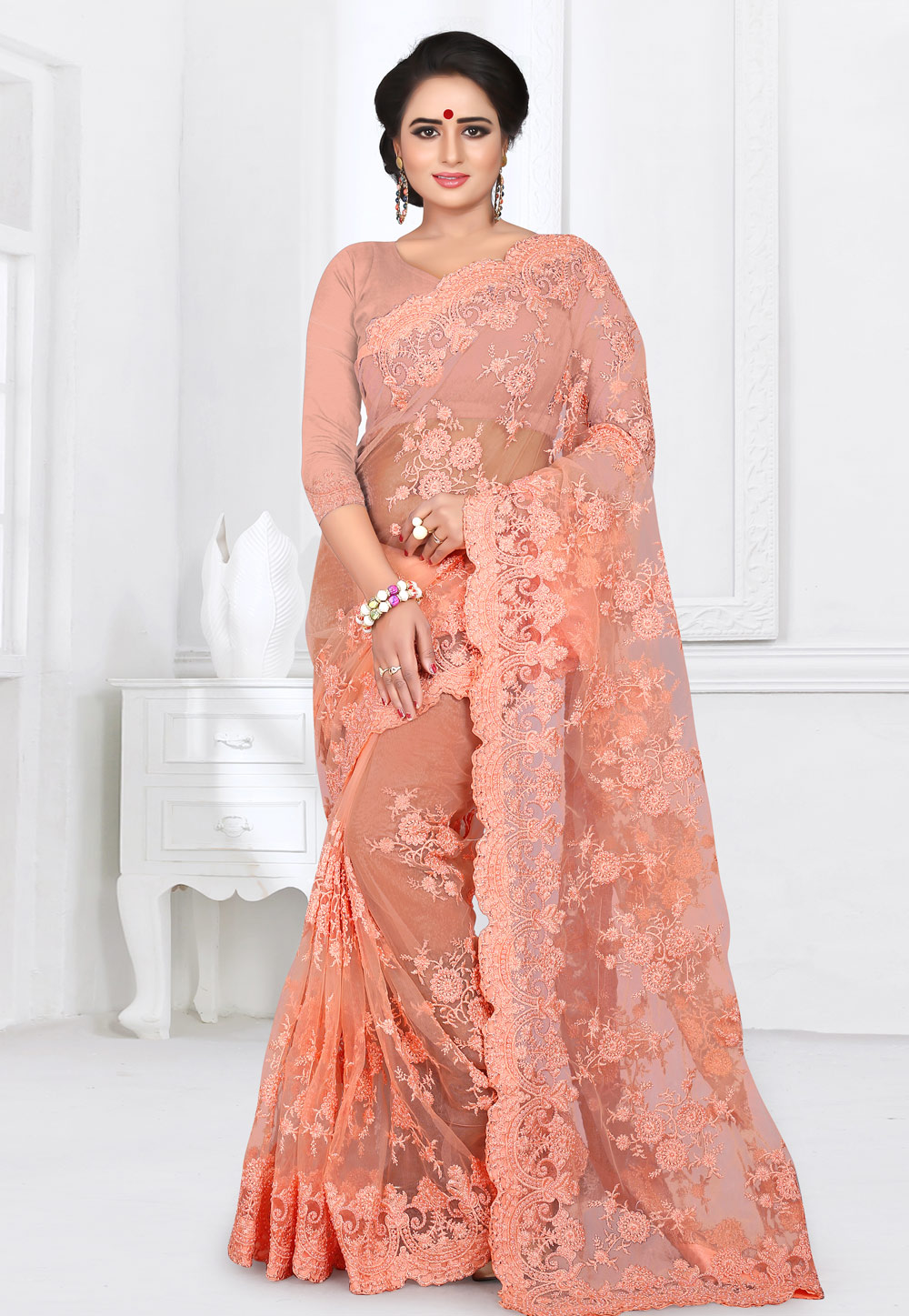 Peach Net Saree With Blouse 155170