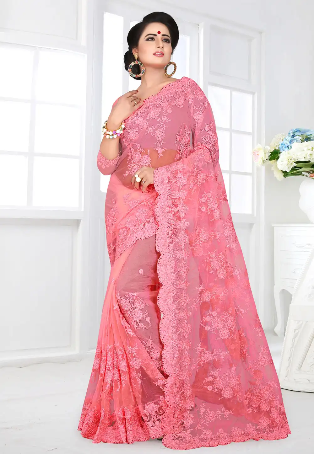 Pink Net Festival Wear Saree 155171