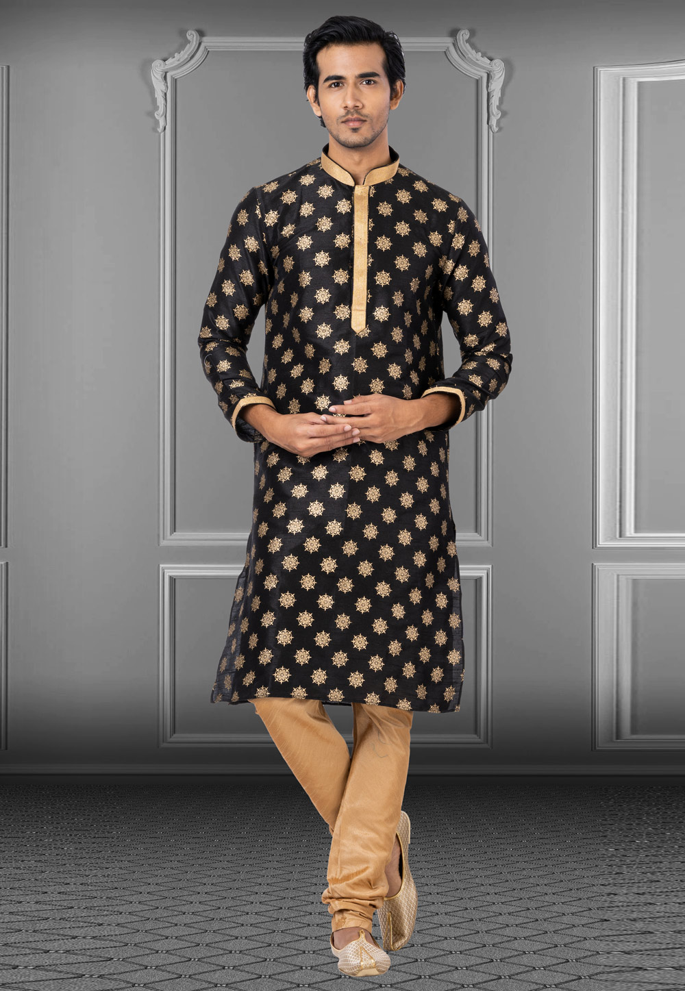 Black Dupion Kurta Pajama 249805