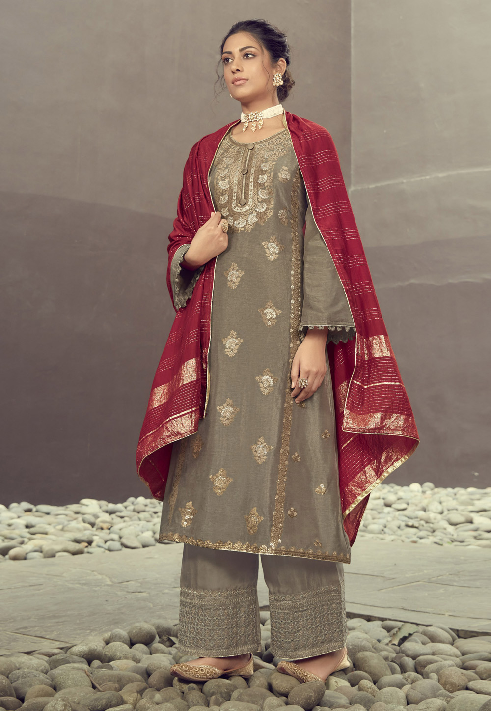 Grey Silk Jacquard Palazzo Suit 221698
