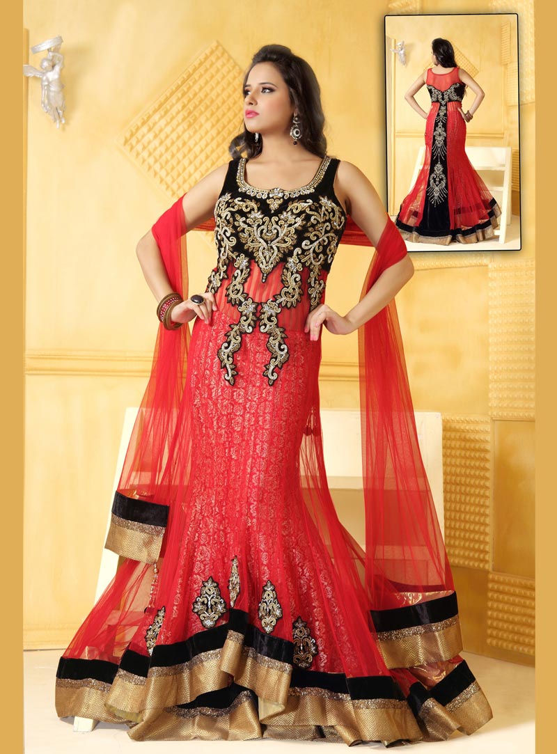 Red A Line Karachi Work Layerd Cut Party Wear Lehenga Choli 38403