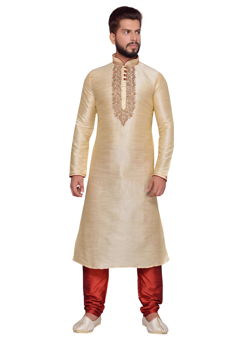 Beige Art Silk Readymade Kurta Pajama 137025