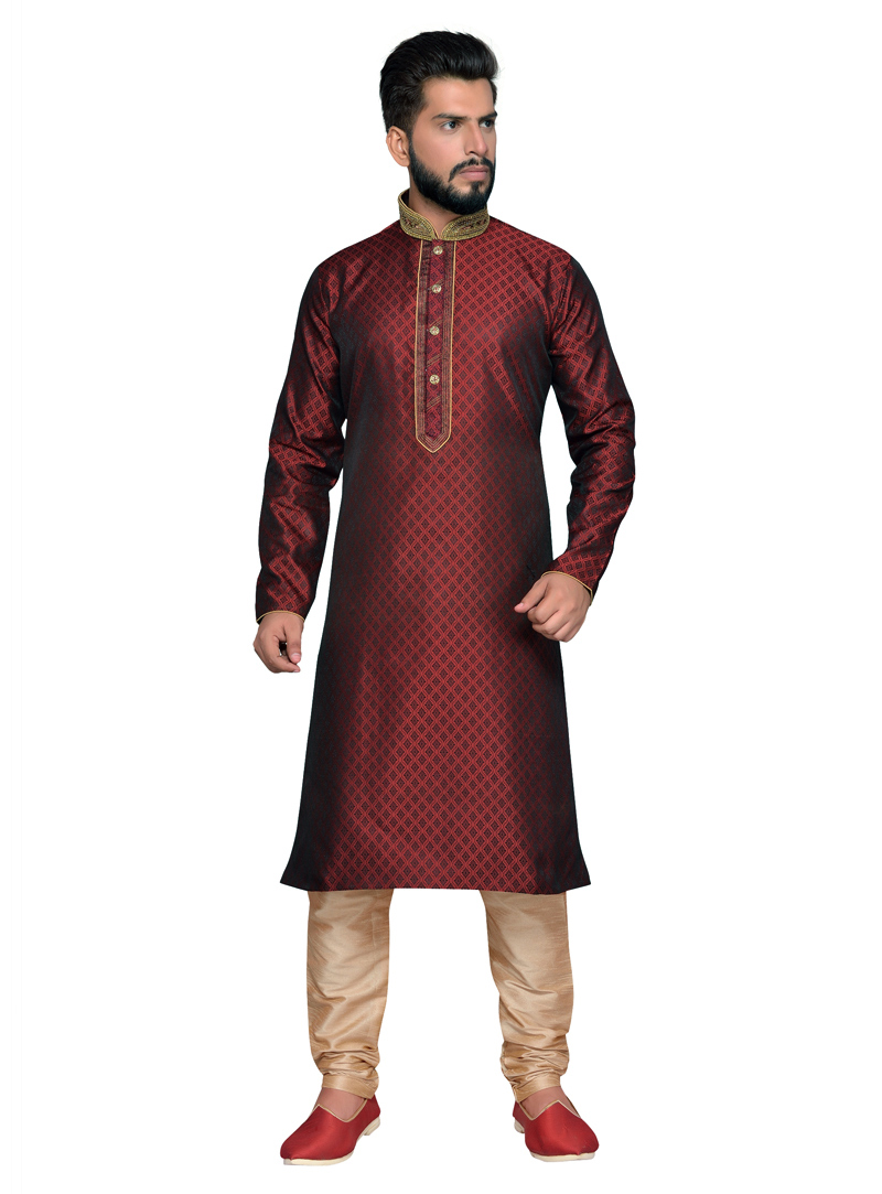 Maroon Brocade Readymade Kurta Pajama 137035