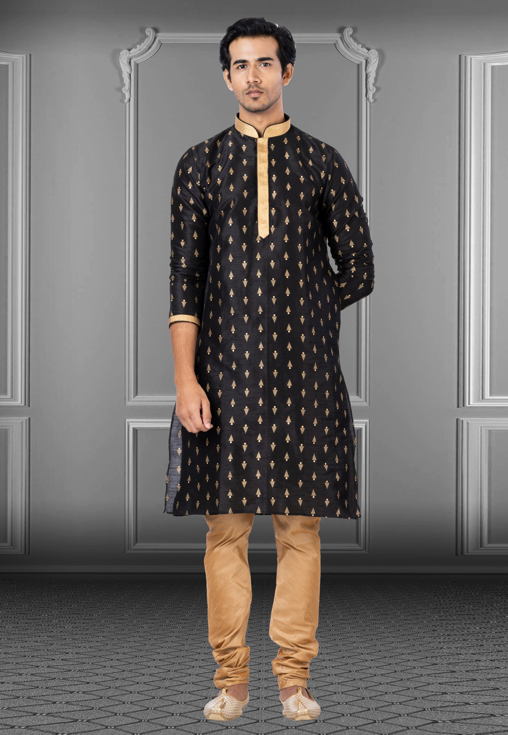 Black Dupion Kurta Pajama 249812