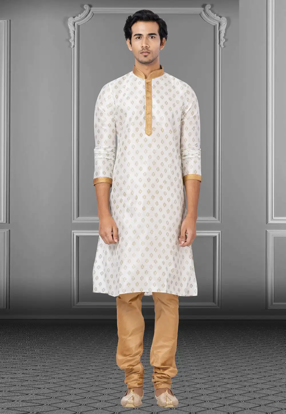 White Dupion Kurta Pajama 249813