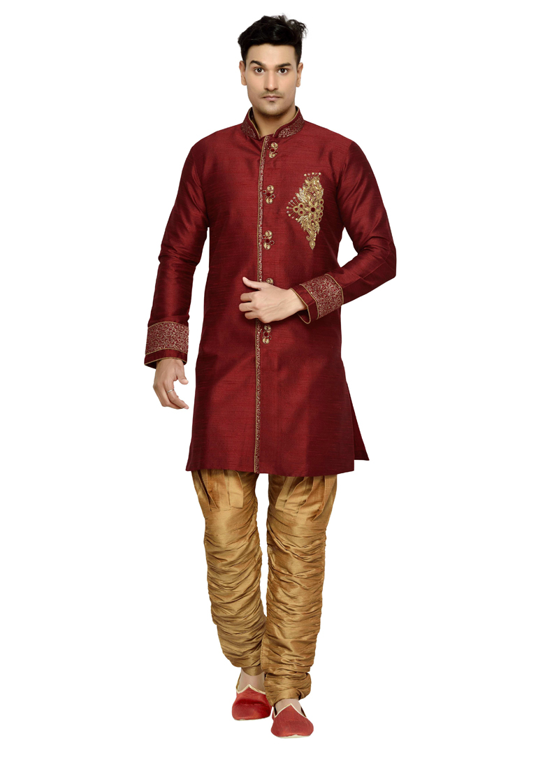 Maroon Brocade Readymade Indo Western Sherwani 138425