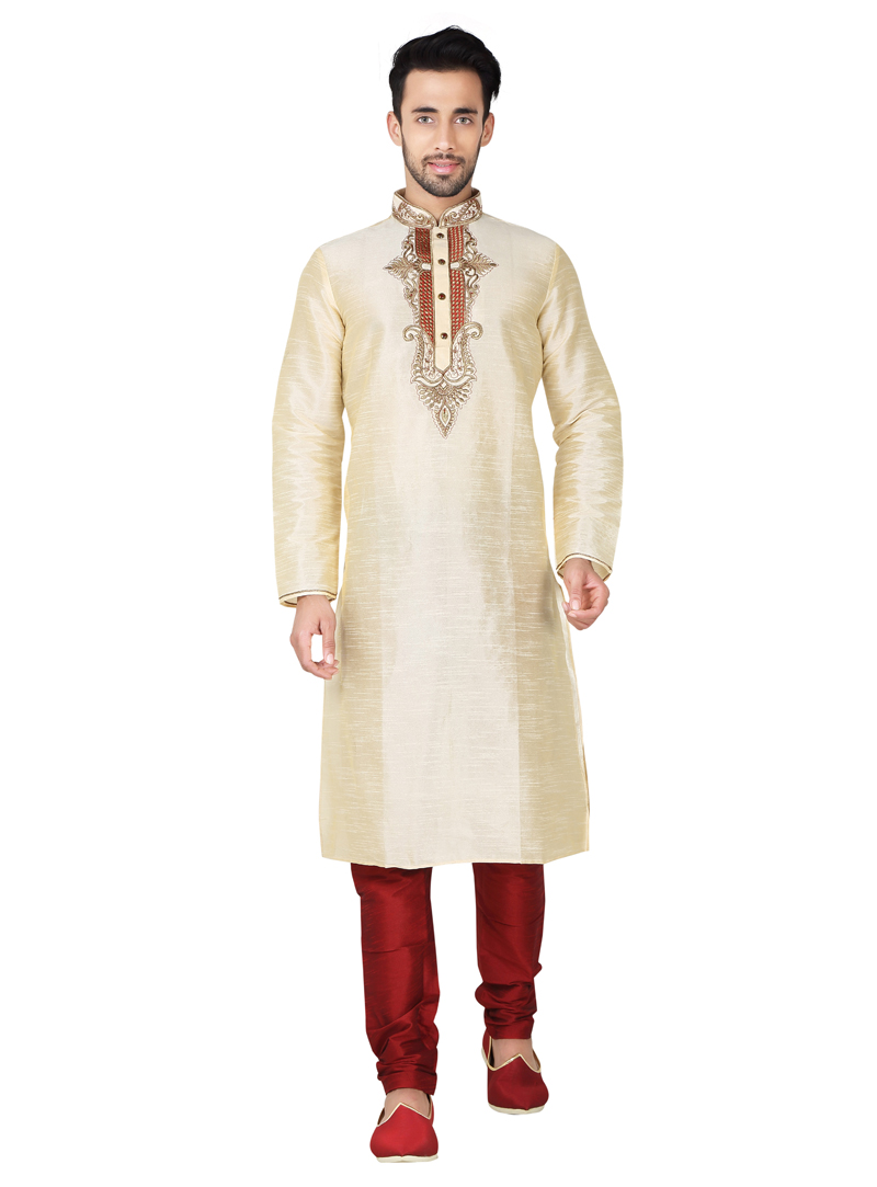 Beige Art Silk Readymade Kurta Pajama 138838