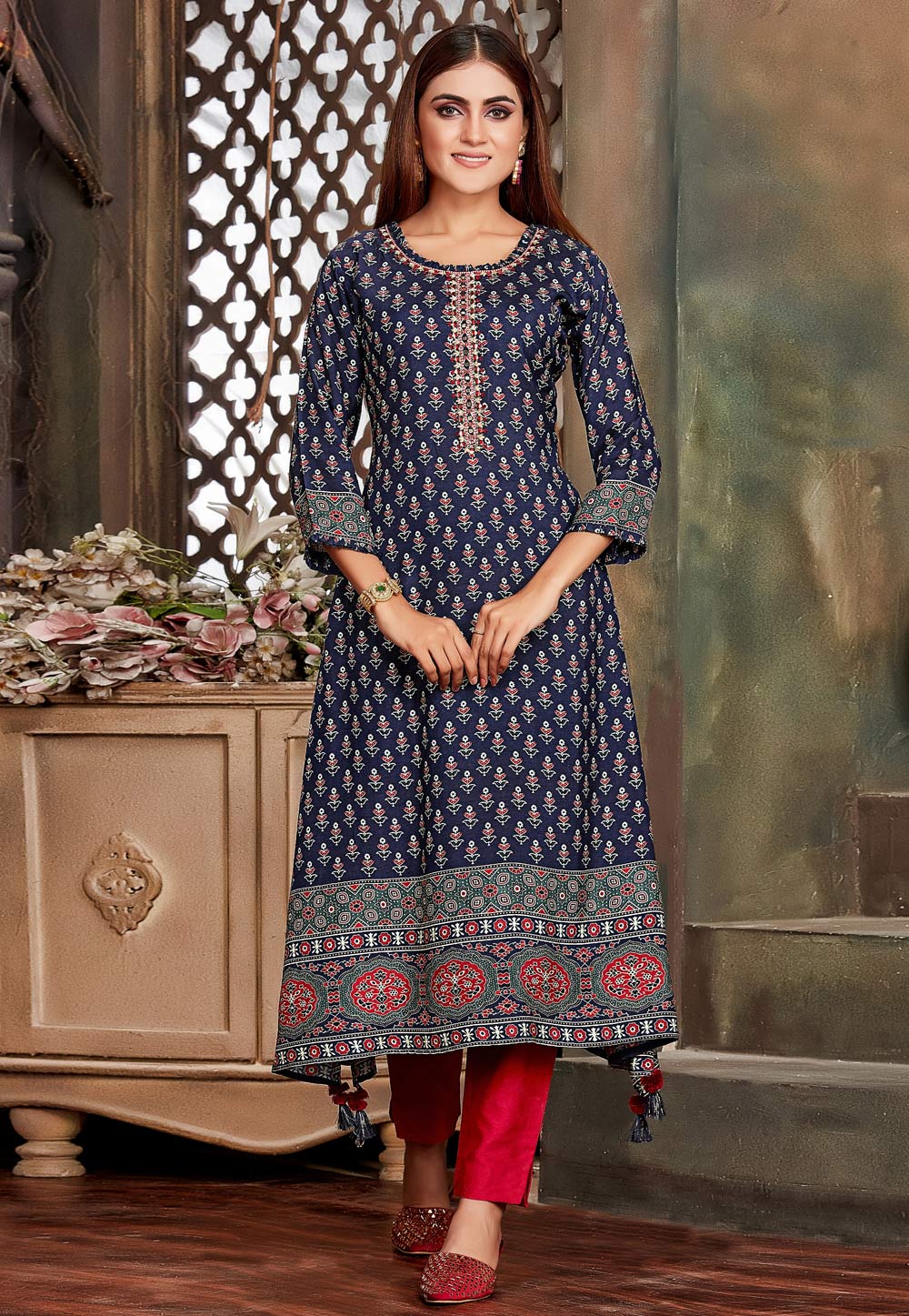 Navy Blue Silk Floral Print Kurti 244258