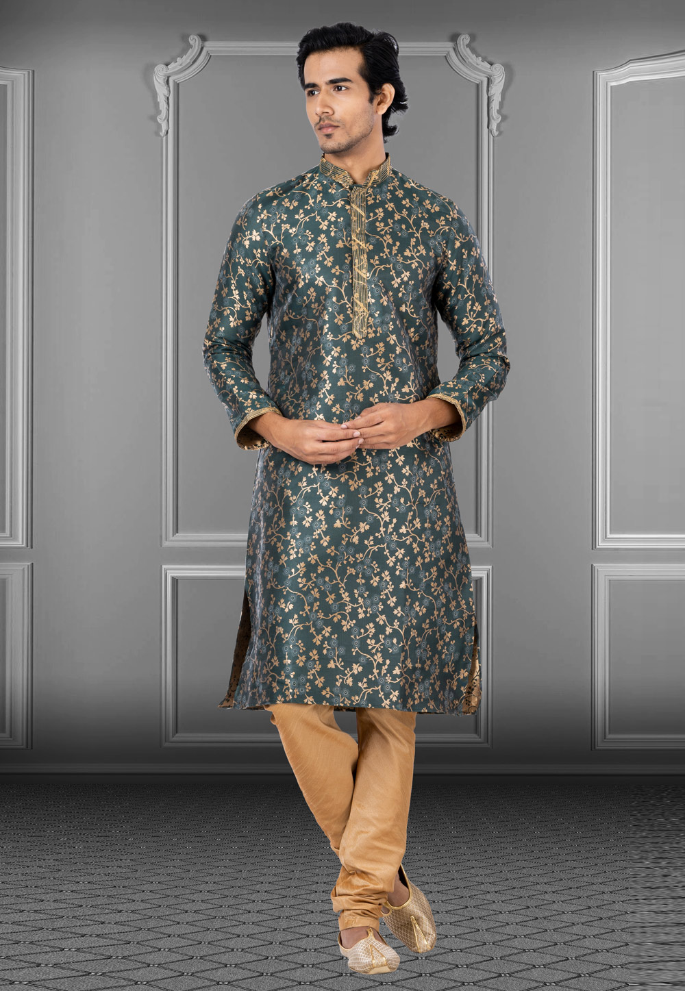 Green Jacquard Kurta Pajama 249818