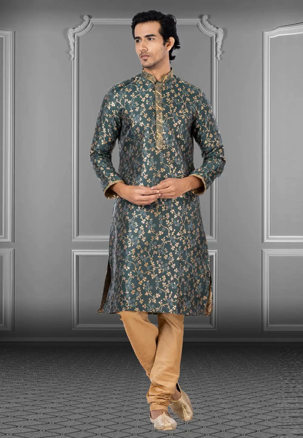 Green Jacquard Kurta Pajama 249818