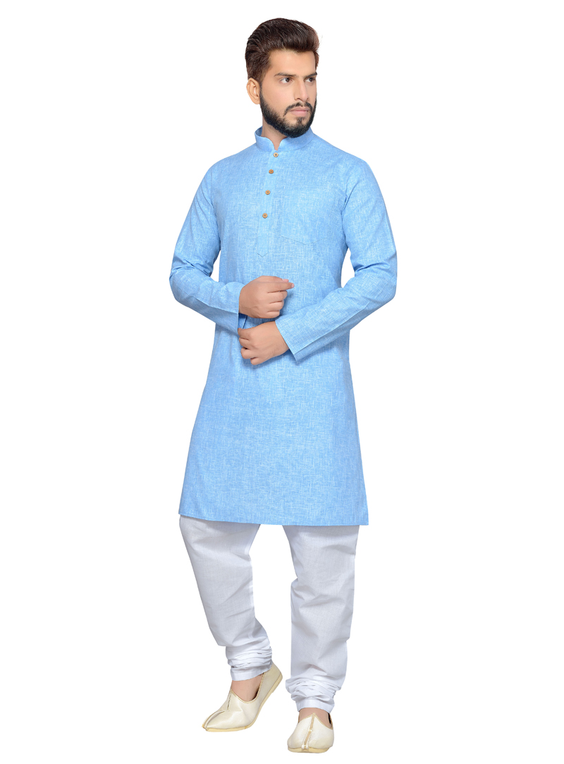 Light Blue Cotton Readymade Kurta Pajama 139048
