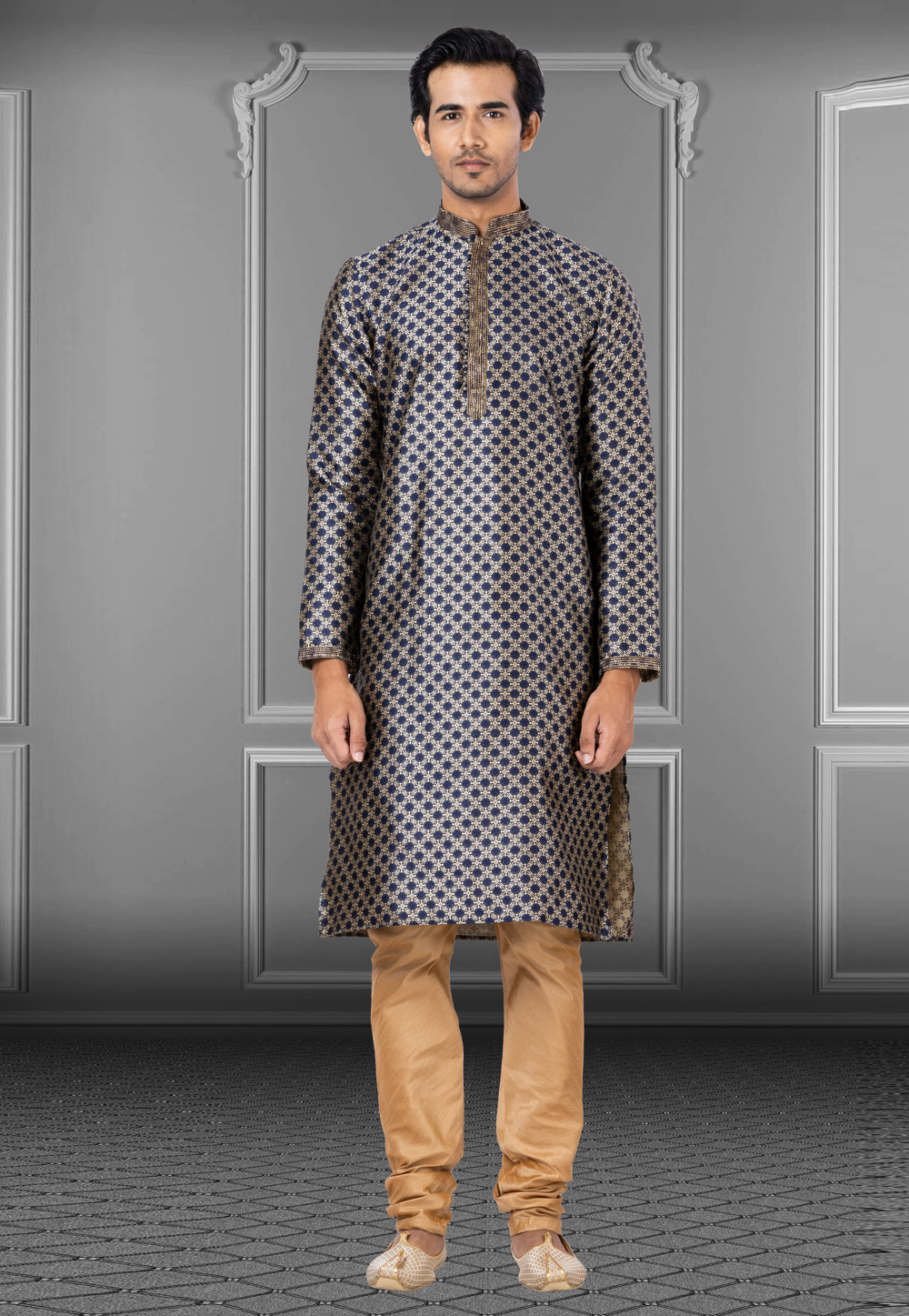 Navy Blue Jacquard Kurta Pajama 249819