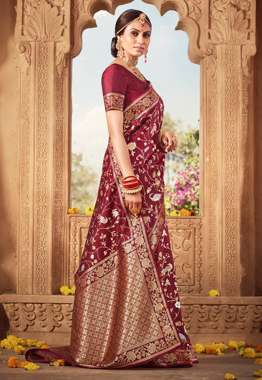 Wine Banarasi Silk Saree With Blouse 227345