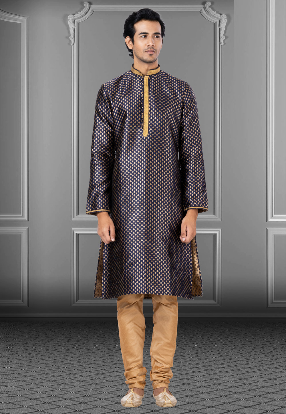 Navy Blue Jacquard Kurta Pajama 249820