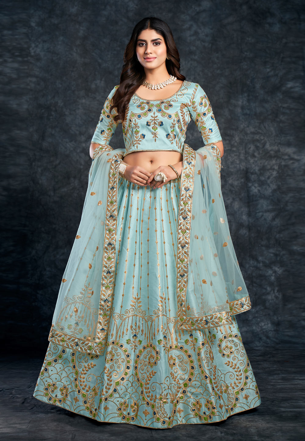 Sky Blue Silk Circular Lehenga Choli 259678