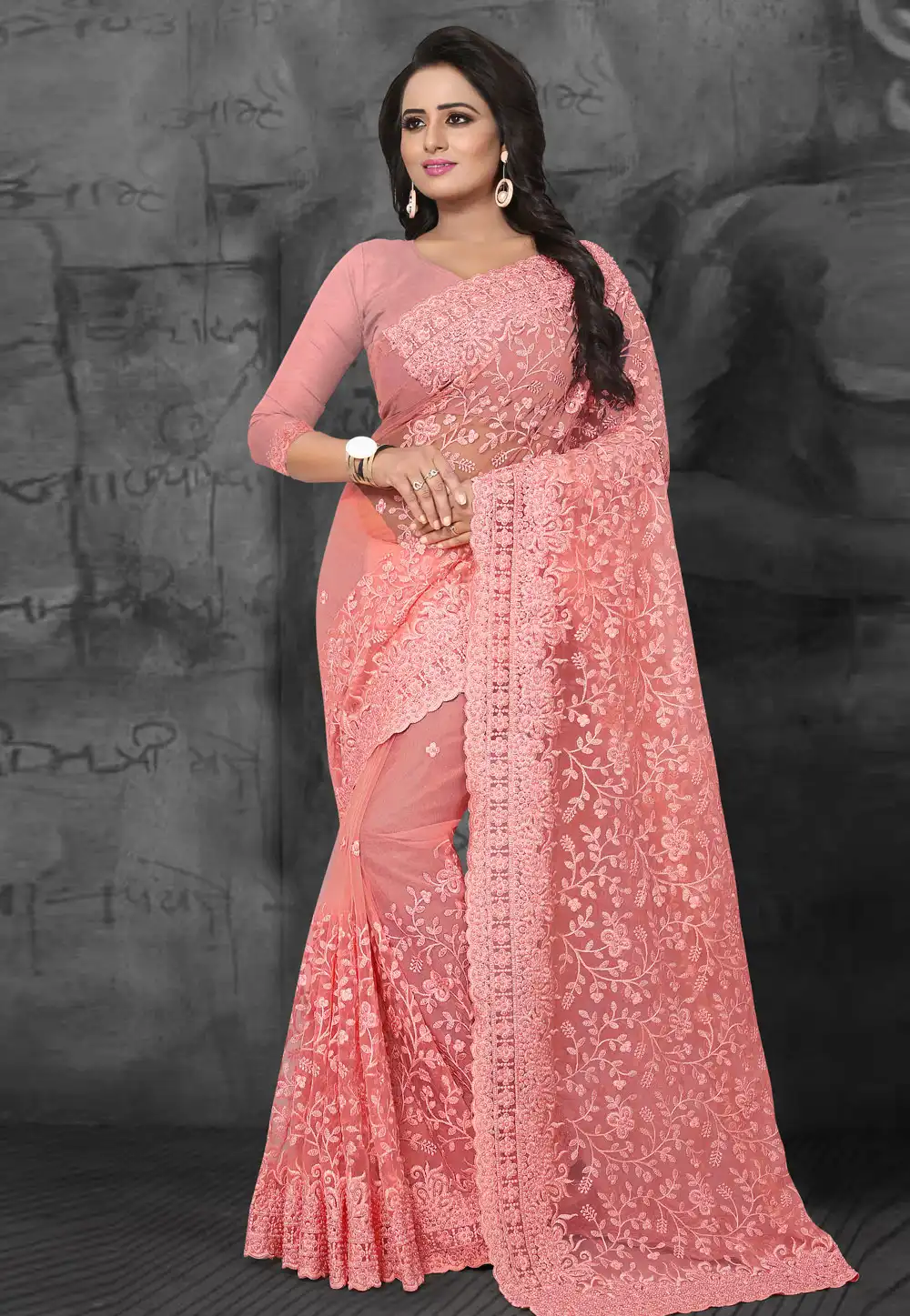 Pink Net Embroidered Saree With Blouse 169476