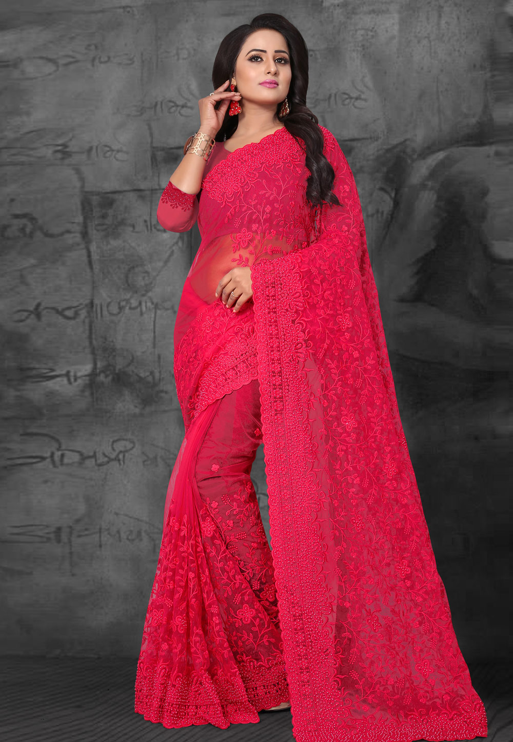 Magenta Net Embroidered Festival Wear Saree 169477