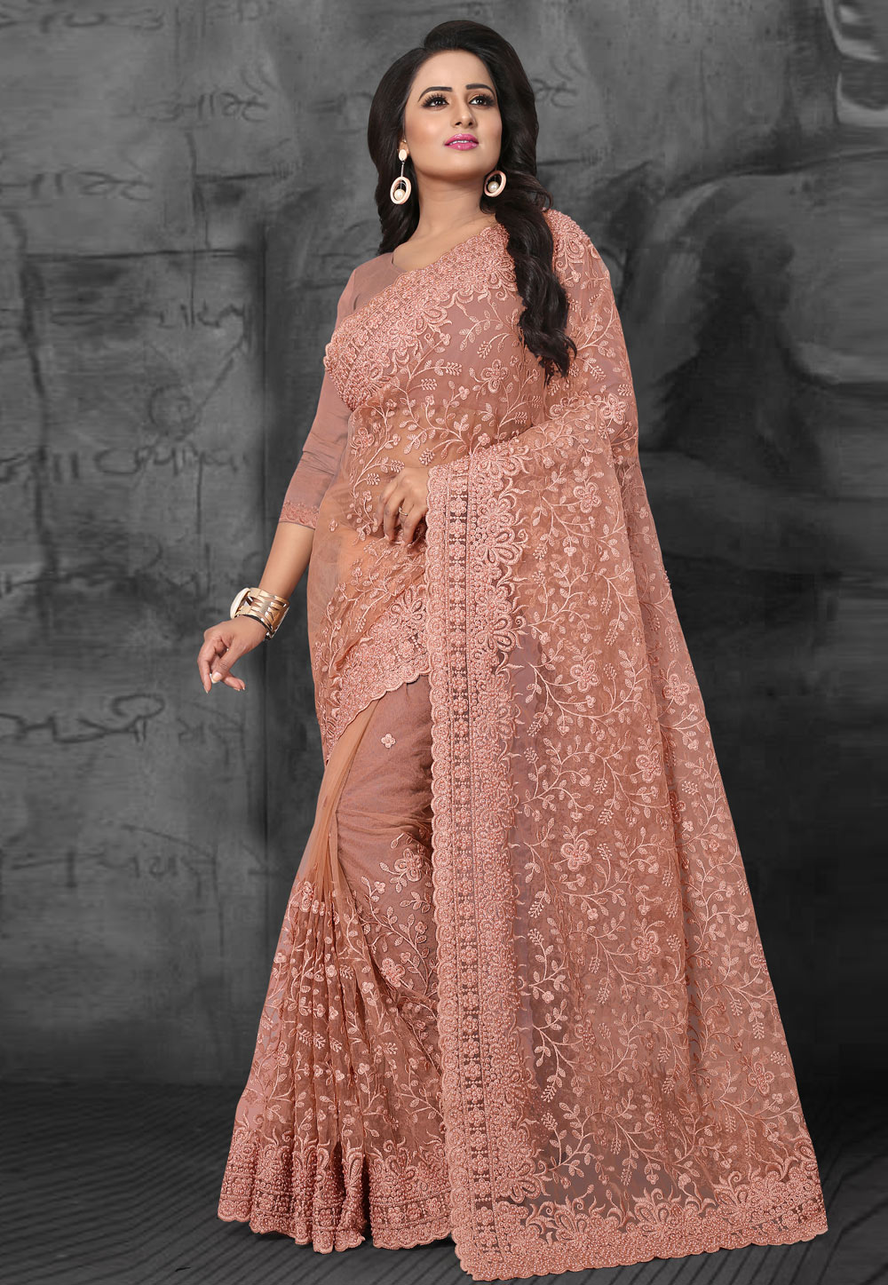 Pink Net Embroidered Saree With Blouse 169478