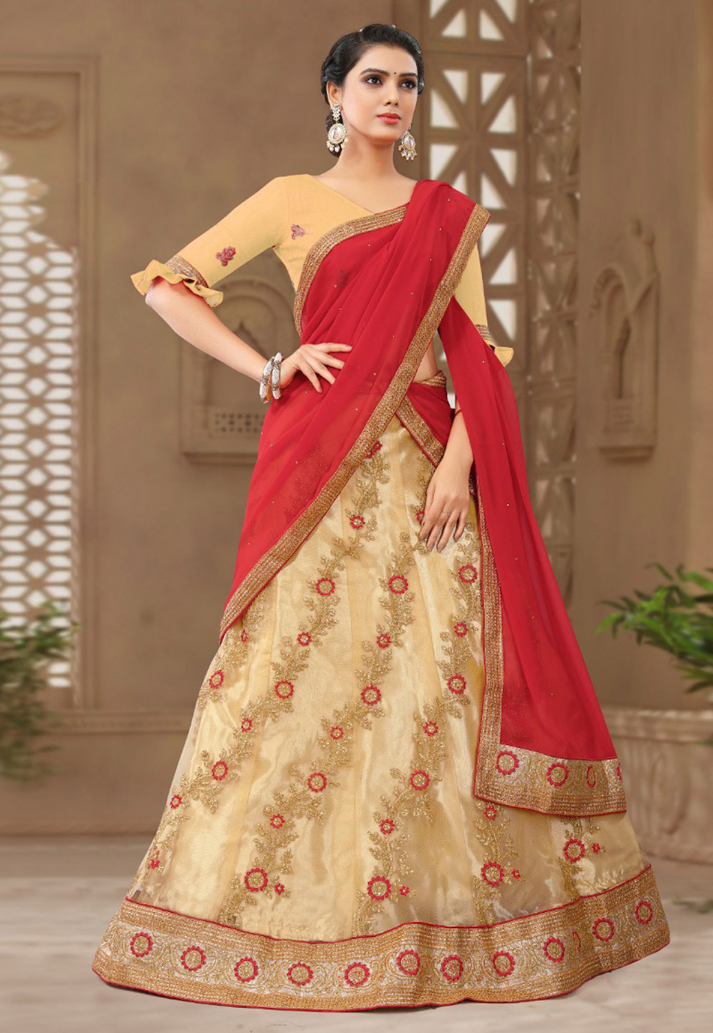 Beige Net Embroidered Lehenga Choli 157428
