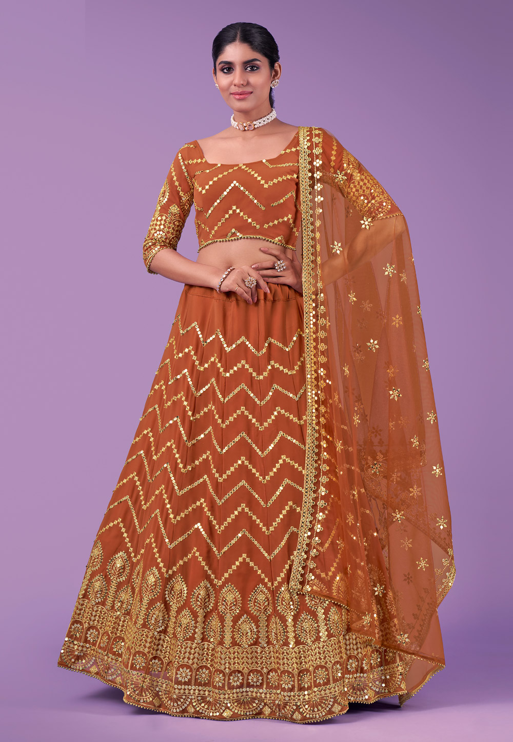 Rust Georgette Circular Lehenga Choli 257953