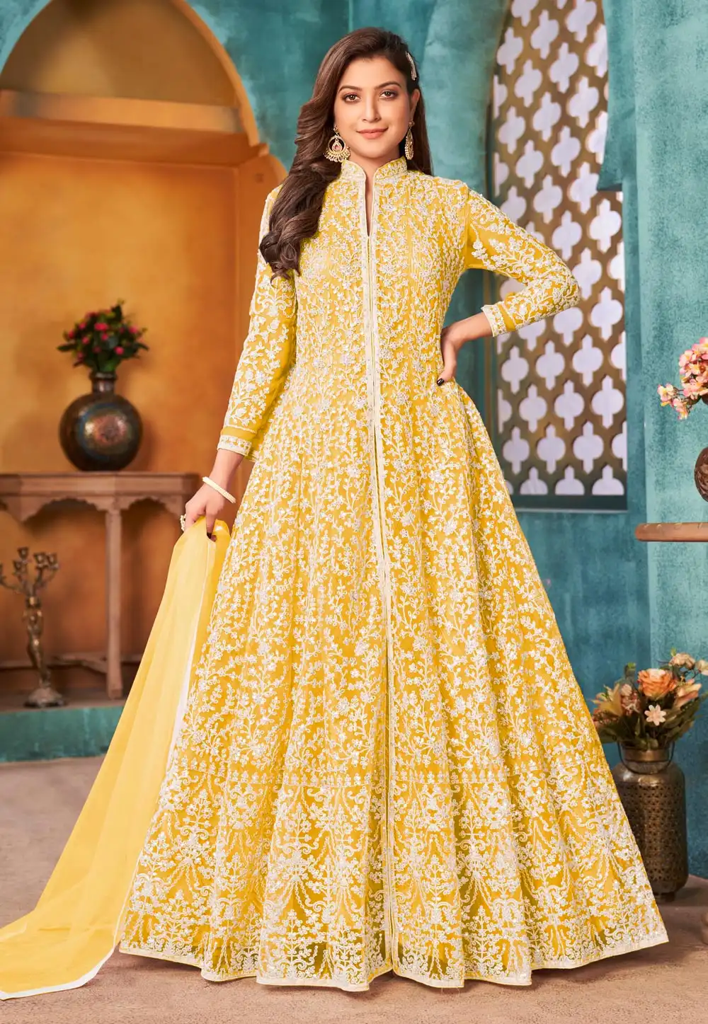 Yellow Net Center Slit Anarkali Suit 242989