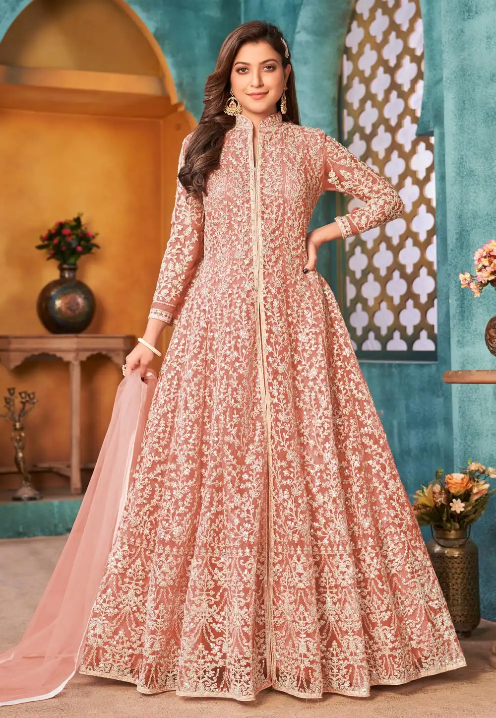 Peach Net Center Slit Anarkali Suit 242991