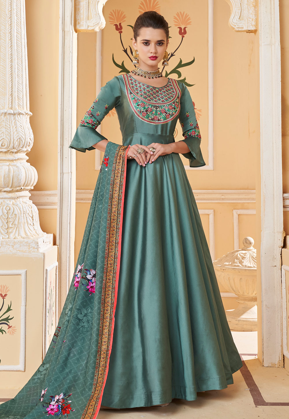Sea Green Silk Long Anarkali Suit 185729