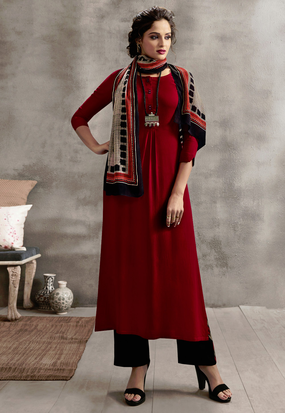 Maroon Rayon Readymade Kurti With Scarf 165167