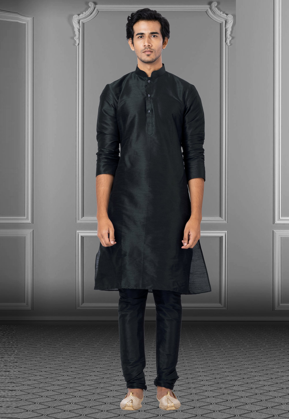 Black Dupion Raw Silk Kurta Pajama 249831