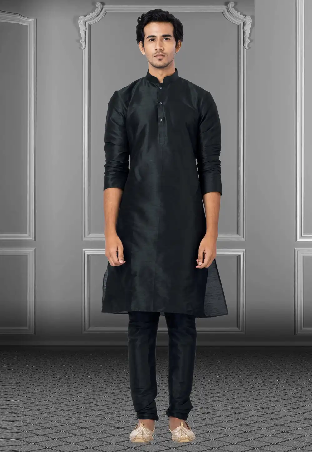 Black Dupion Raw Silk Kurta Pajama 249831