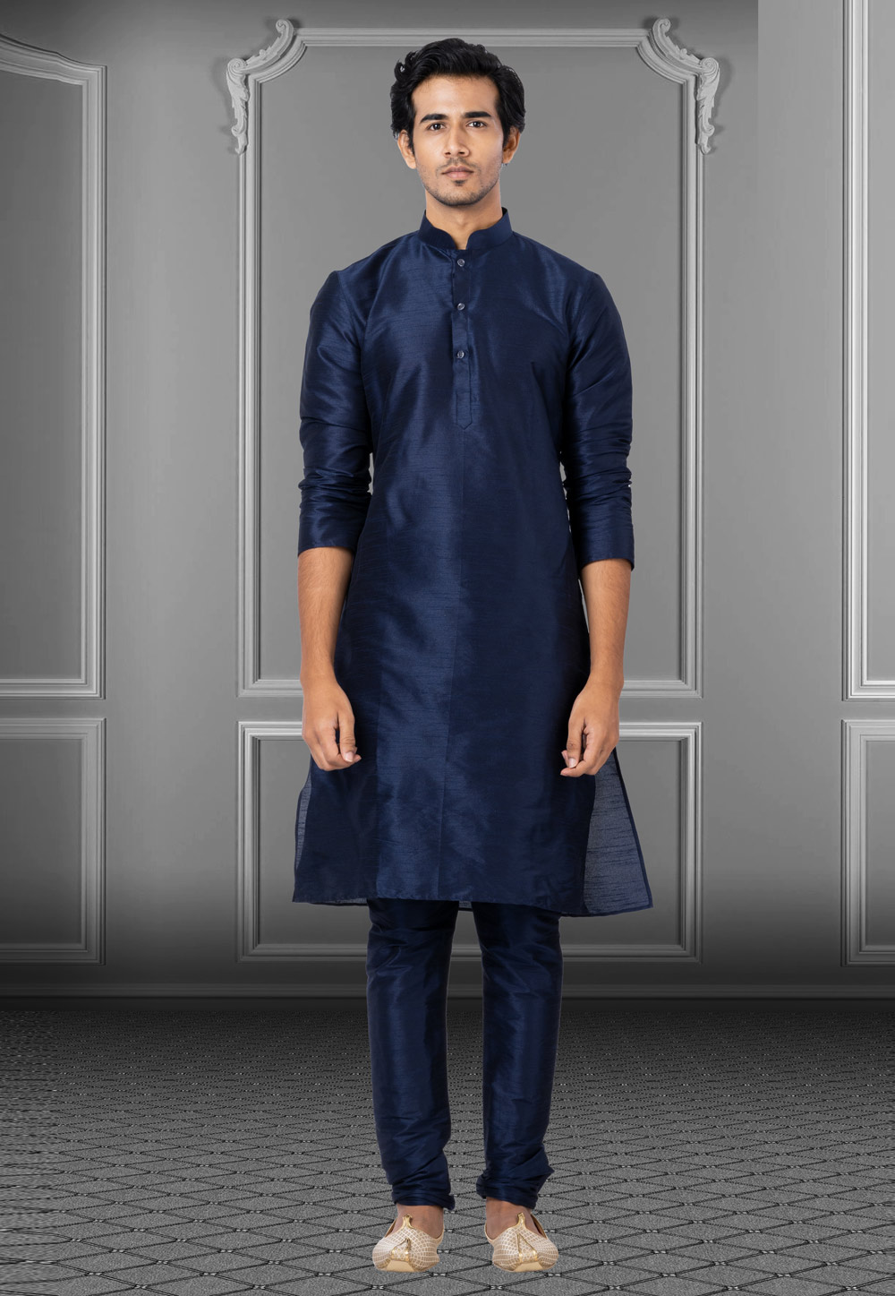 Navy Blue Dupion Raw Silk Kurta Pajama 249830