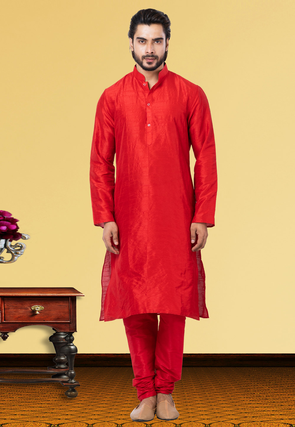 Red Dupion Raw Silk Kurta Pajama 249834