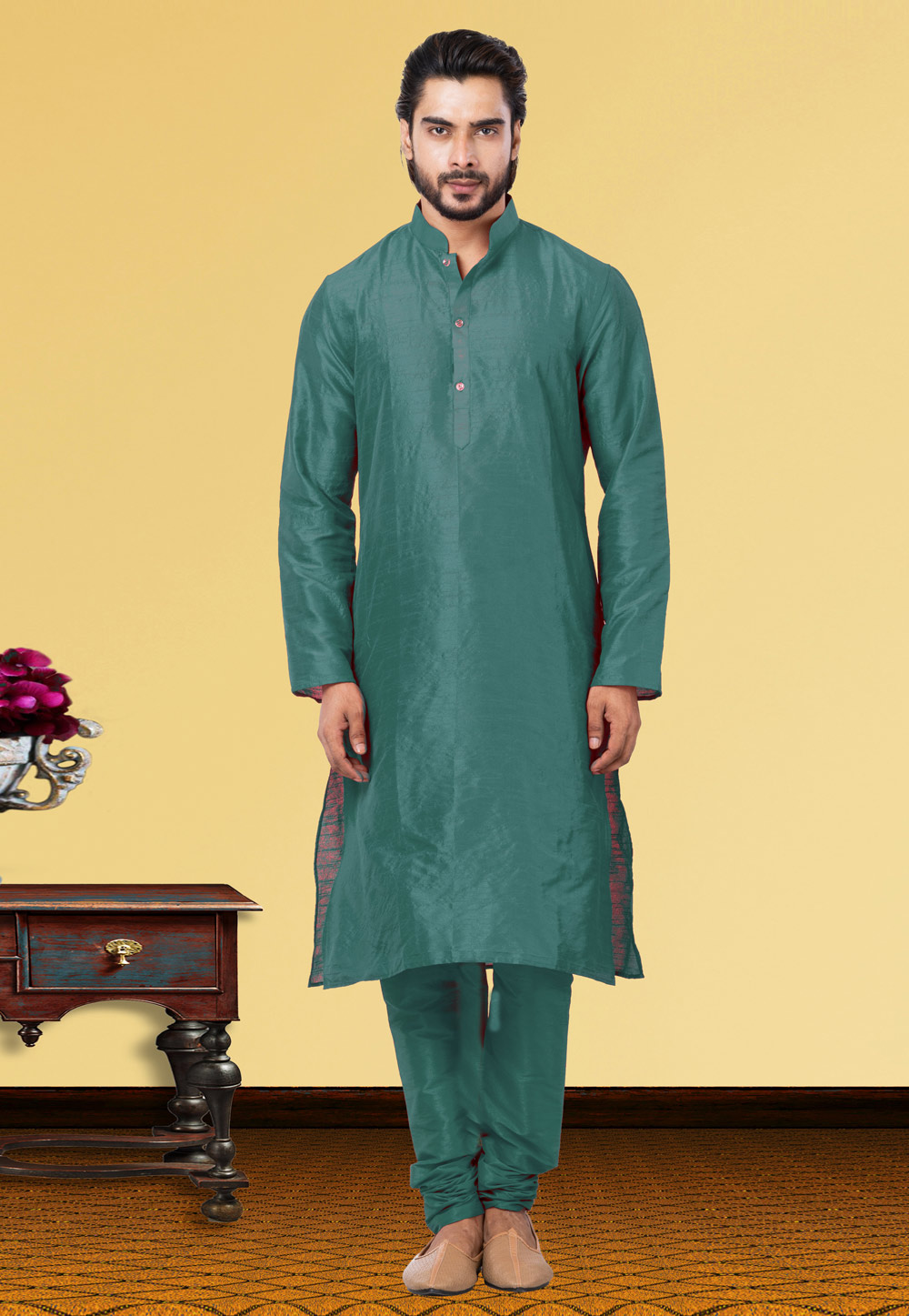 Green Dupion Raw Silk Kurta Pajama 249835