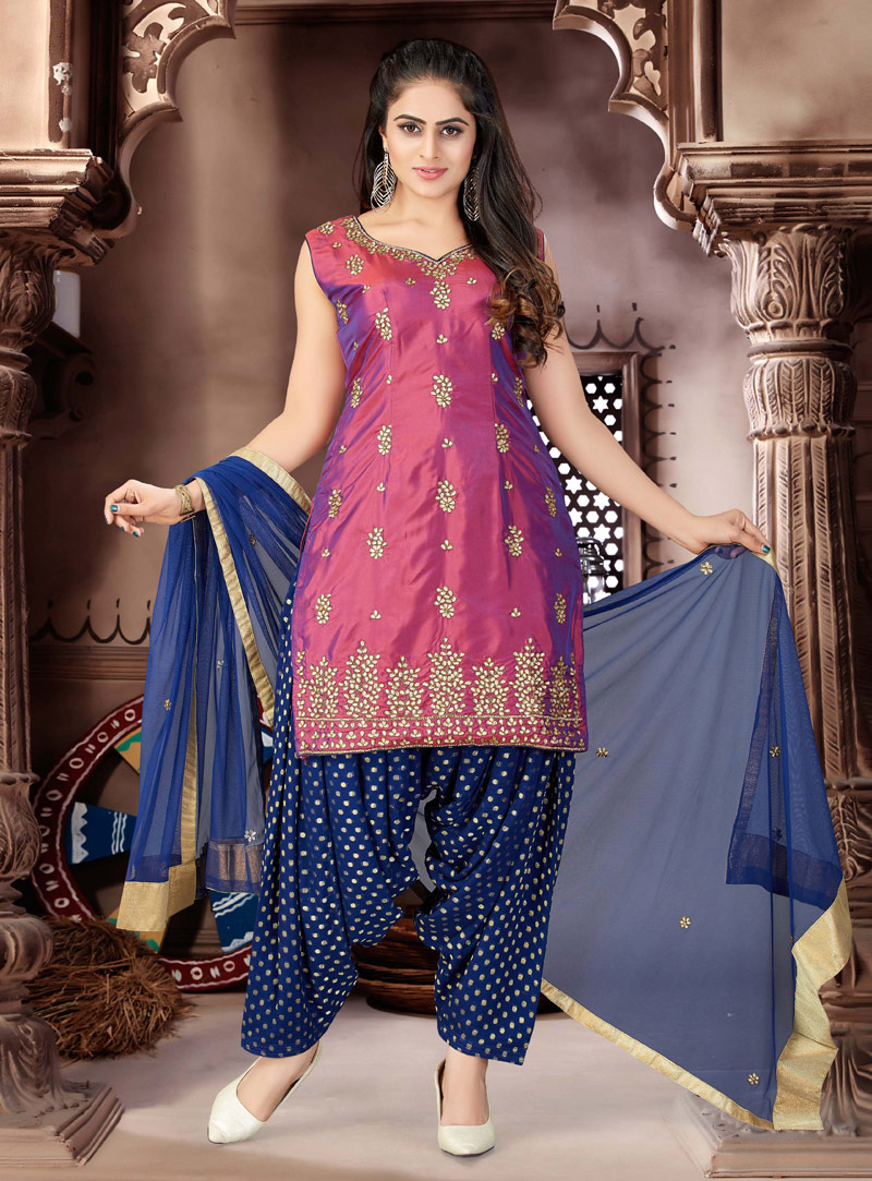 Navy Blue Banarasi Readymade Punjabi Suit 140031