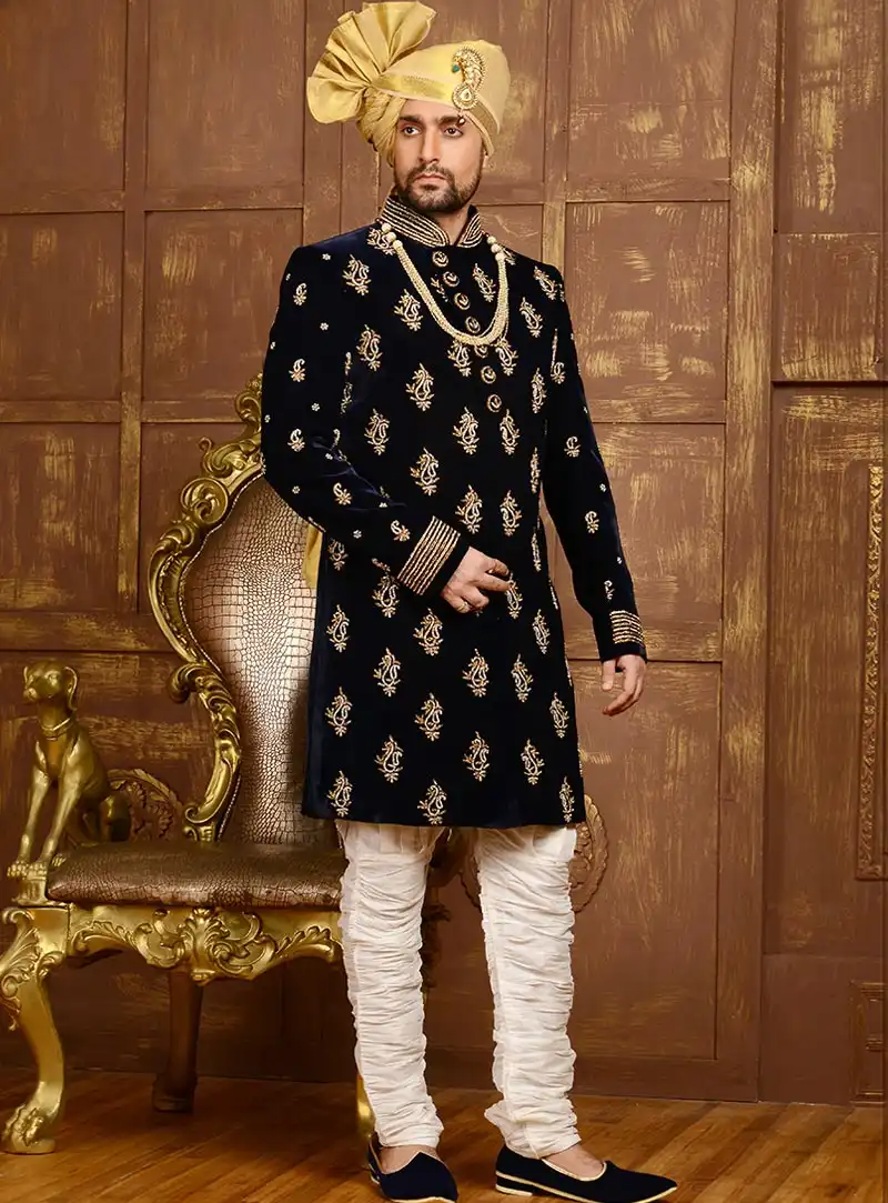 Navy Blue Velvet Indo Western Sherwani 80739