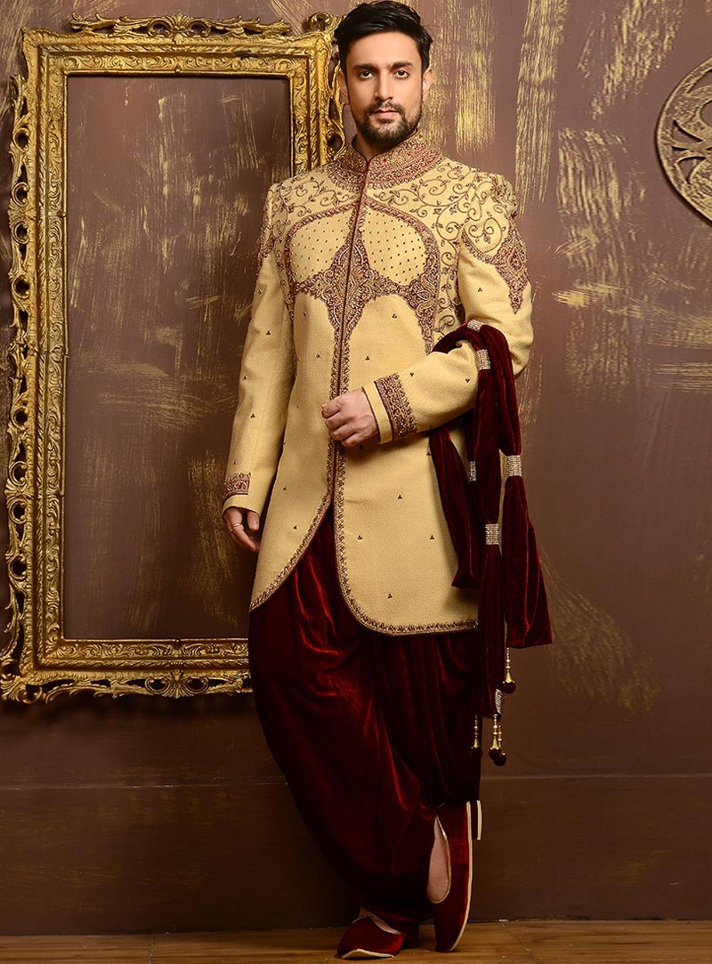 Golden Banarasi Silk Indo Western Sherwani 80829