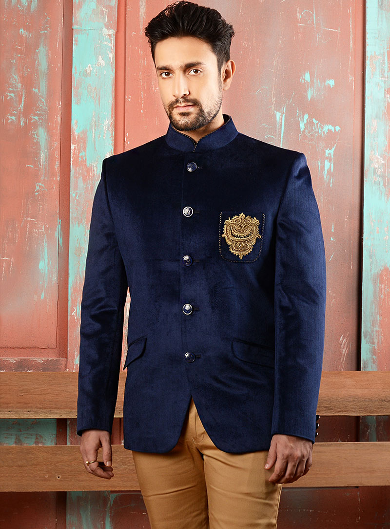 Navy Blue Velvet Readymade Blazer 80566