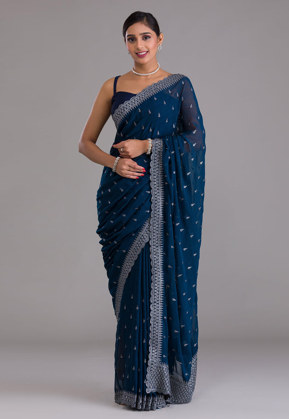 Teal Chinon Chiffon Saree With Blouse 256736