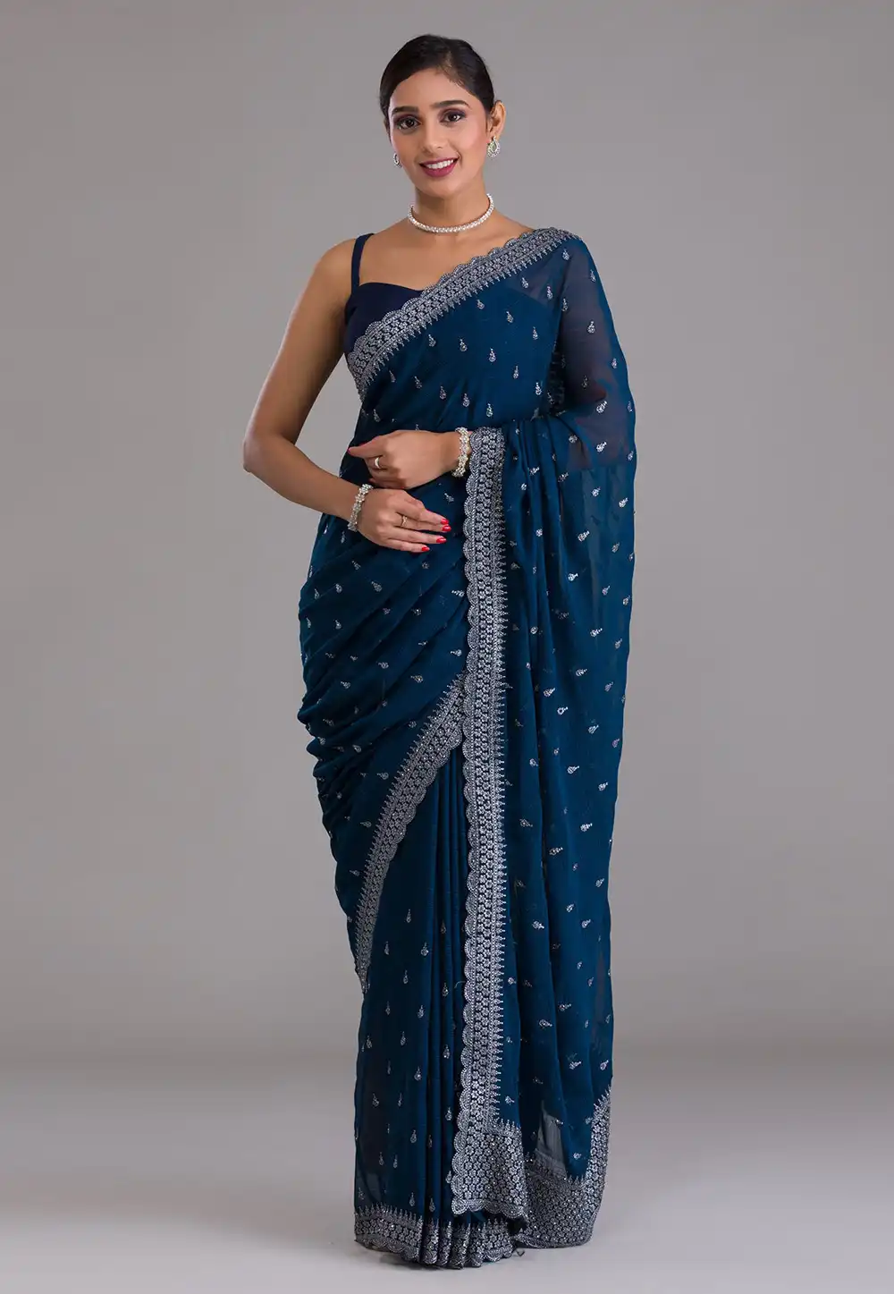 Teal Chinon Chiffon Saree With Blouse 256736